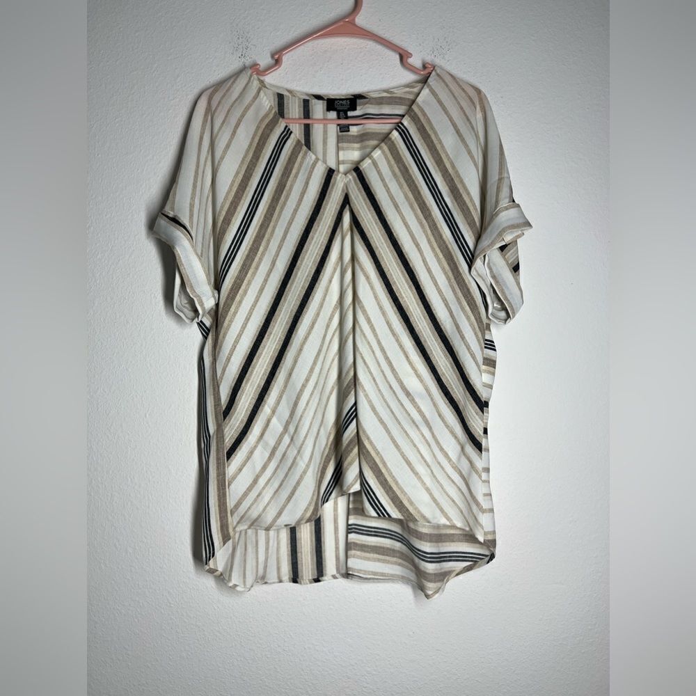JONES NEW YORK Baci Striped Popover Tee White/Camel SIZE L RELAXED